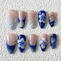 Luxury Press on Nails Medium Almond Handmade 3D French Tip Unique Reusable ABS Material Fake Nails Blue False Nails with Designs Pearls Floral Art Petal Glossy Glue on Nails Thick Acrylic Nails(S)