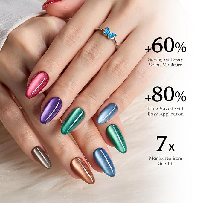 Beetles Cat Eye Press On Nails - Midnight Aurora | 7 Colors Medium Almond Press On Nails | 16 Sizes 224 Pcs Natural Salon Quality For Red Blue Purple Nails