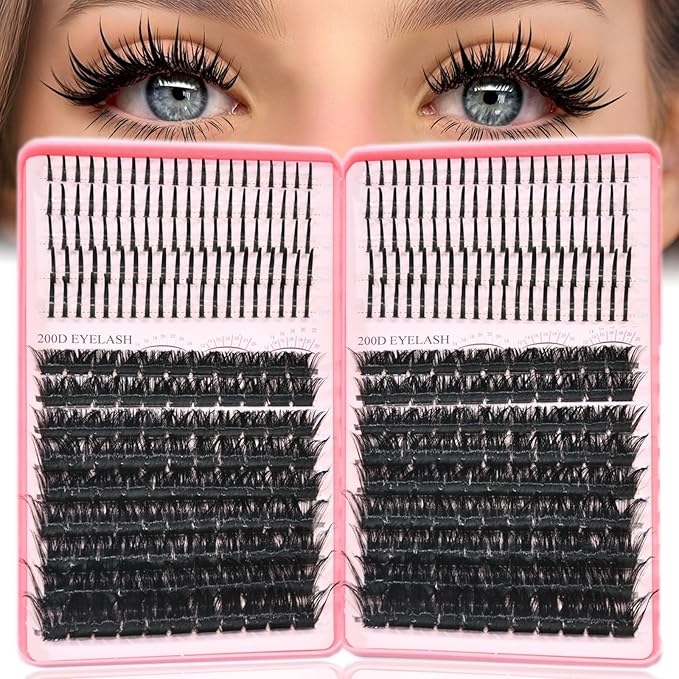 Lash Clusters with Spikes, 200D+200D Eyelash Clusters Extensions Individual D Curl Fluffy Wispy False Eyelashes DlY Manga Lashes Extension (12-22mm, Lash Clusters)