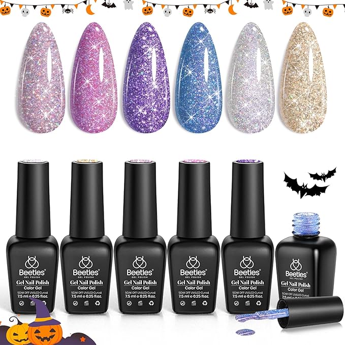 Beetles Reflective Glitter Gel Nail Polish Kit Gel Polish 6 Colors Holographic Sparkle Flash Dimond Sliver Gold Soak Off UV LED Manicure Gift for Women Girls Midnight Sparkling