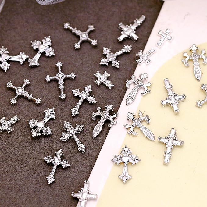 3D Cross Nail Charms for Nail Art, 60 Pcs Metal Crystal Cross Nail Decorations, Alloy Nail Studs and Rhinestones for Women Girl DIY Jewelry Crafts Supplies (Silver)