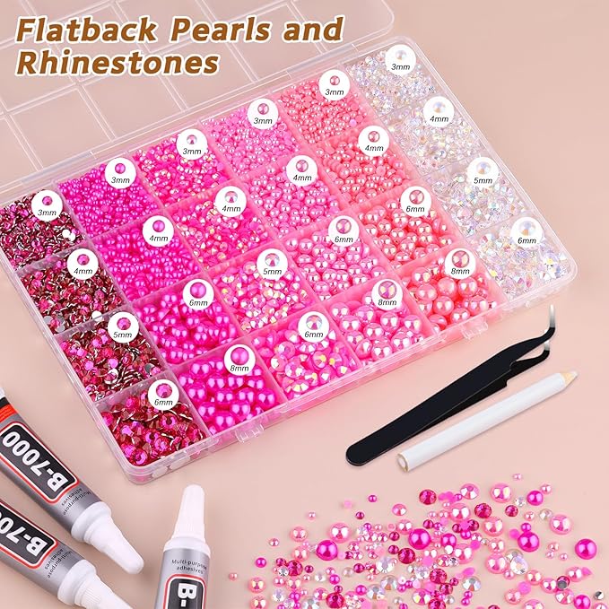 14000PCS Flatback Pearls and Rhinestones for Bedazzling Kit, Hot Pink 3-10mm Resin Pink Rhinestones and Half Pearls for Crafting, Nail Art and Dec with 3pcs B7000 Jewelry Glue