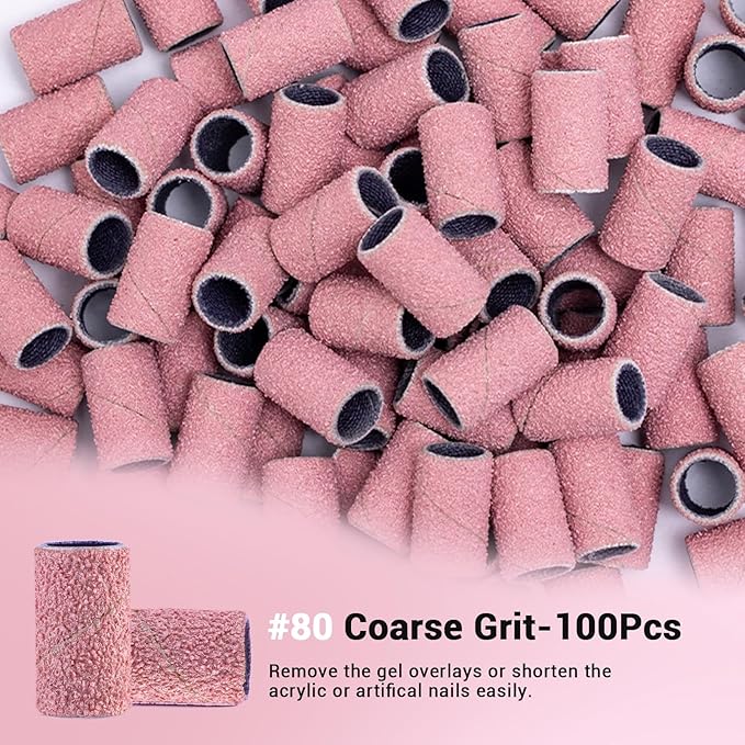 MelodySusie 100 Pcs Nail Drill Bits Sanding Bands for Nail Drill 80 Coarse Grit Nail File Sanding Bands for Acrylic Nails Gel Manicures and Pedicure