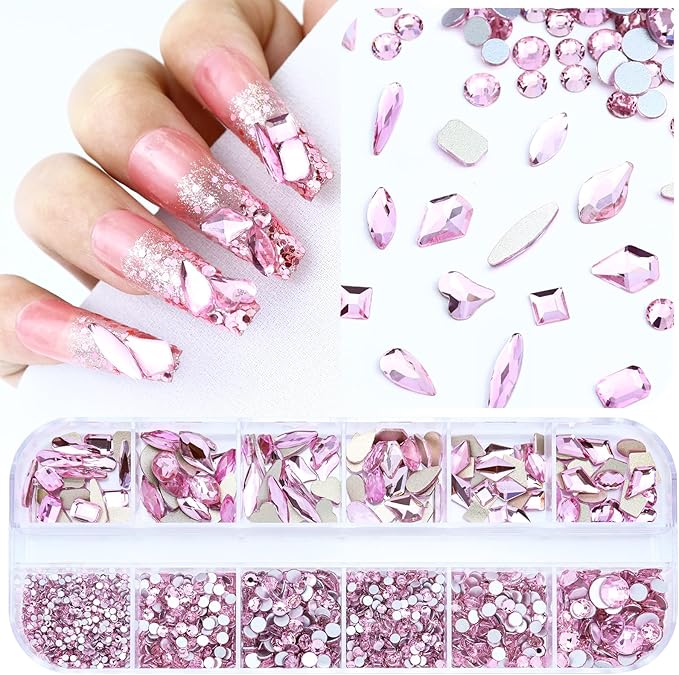 Dowarm 3200PCS Nail Art Rhinestones, Light Pink Flatback Rhinestones for Nails, Crafts, 12 Styles 3D Glass Crystal Nail Gems