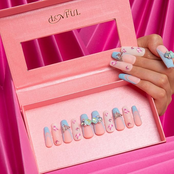 LOVFUL Press on Nails Sky Dance French Tip | Handmade with Full Covered Crystals | Reusable Full Cover Nails | Coffin Classic Regular 1.3 in | H282-M