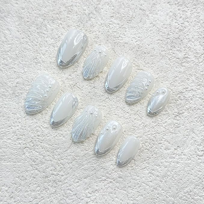 Short Almond Press on Nails Thick Handmade Nails with Glue,5D Lines Luxury Pearl False Nails Flash Designs Milky White Press ons Muti-Layer Gel Handmade Nail for Women Wedding Nail Art(Size S)
