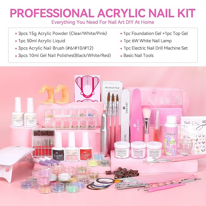 SAVILAND Acrylic Nail Kit with Drill and U V Light – Clear White Pink Acrylic Powder Black Red White Gel Nail Polish Nail Tools for Nail Art Gel Nails DIY