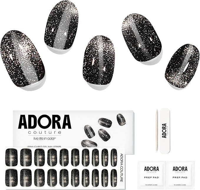 Semi-Cured Gel Nail Strips - 20 Salon-Quality Gel Sticker with UV Light Required, Long Lasting, Easy Application & Removal, Includes Prep Pad, Nail File, Wooden Stick – Black Diamond