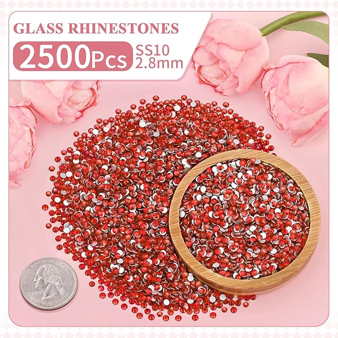 2500PCS SS10/2.8mm Crystal Rhinestones (Light Red/Light Siam), Bedazzling Flatback Glass Rhinestones for Crafting, Gems Diomand for Tumbler Shoes Clothing Nail Art