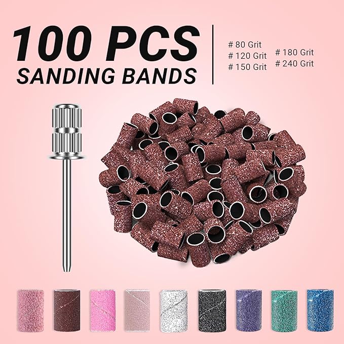 MelodySusie 100 Pcs Nail Drill Bits Sanding Bands for Nail Drill 80 Coarse Grit Nail File Sanding Bands for Acrylic Nails Gel Manicures and Pedicure