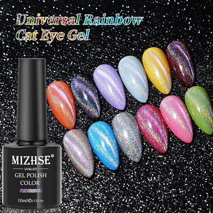 MIZHSE 10ml Universal Rainbow Cat Eye Gel Nali Polish Laser Holographic 9D Cat Eye Gel Polish Soak Off LED U V Gel Nail Art Varnish with Magnetic
