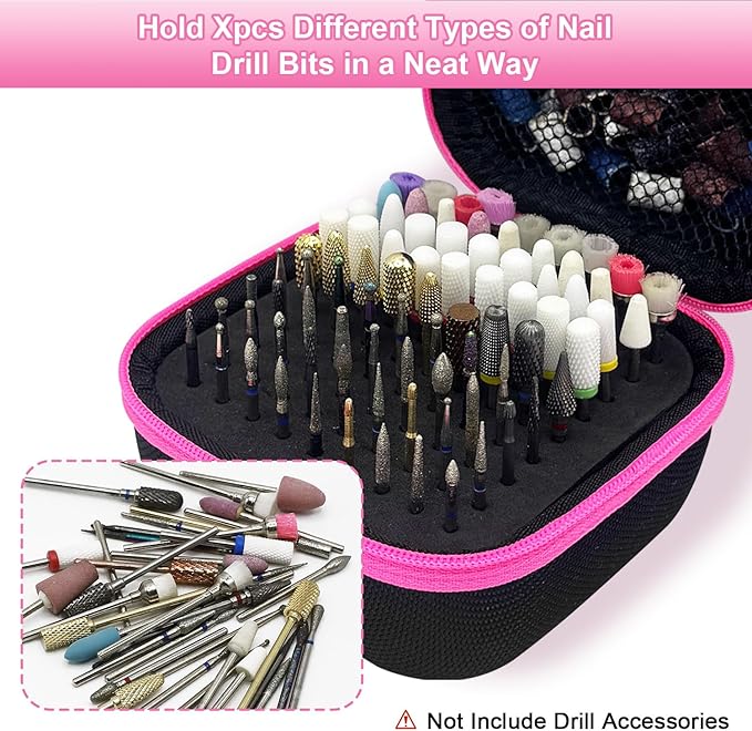 81 Holes Nail Drill Bit Holder (ONLY CASE),Dustproof Portable Organizer Storage Bag with Large Mesh Pocket & High Density Foam to Avoid Slipping & Scratches, Nail Bits Professional Manicure Tools,Pink