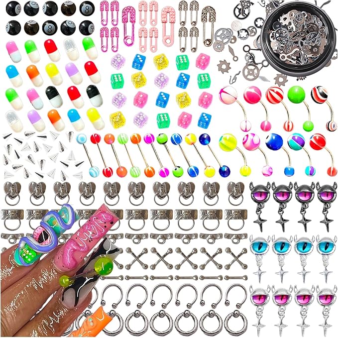 197PCS Nail Charms for Acrylic Nails，Monster Eye Pill Puncture Dice Billiards Cone Pin Door Handle Mechanical Parts Nail Decorations ，Nail Accessories for Nail Art Supplies Manicure DIY