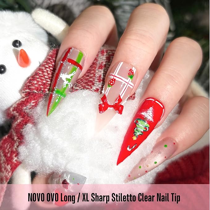 NOVO OVO Long XL Sharp Stiletto Pointed Nail Tips Press on, Extra Long Soft Gel Double Matte Clear Fake Nail Extension, Full Cover False Nails for Acrylic, for Salon DIY x 16 Sizes 224 pcs