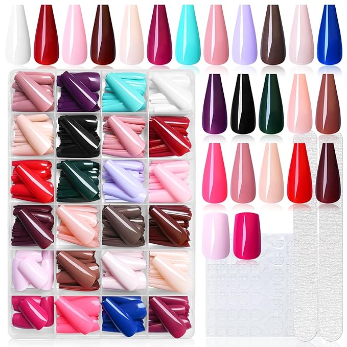 LoveOurHome 576pc Coffin Press on Nails Long Fake Nails Tips Full Cover Long Press on Coffin Acrylic Nails Press ons Nail Medium Ballerina Artificial Fingernails Colored False Nail for Women Girls
