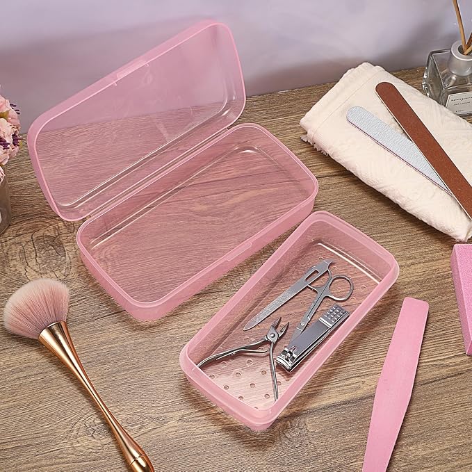 JUXYES 2 PCS Plastic Sterilizing Tray for Nail Art Accessories Tools, Portable Nail Art Tool Sterilizer Tray with Strainer, Fully Transparent Storage Box Organizer for Tweezer Manicure Tools