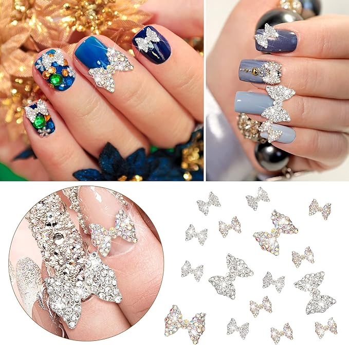 Maitys 24 Pieces Nail Bows Charms Rhinestones 3D Charms Alloy Pearl Bow Knot Accessory for Valentine's Day Women DIY Xmas Salon Jewelry Craft(Silver, Laser)