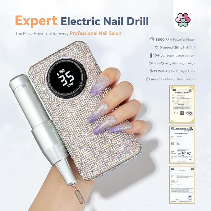 SAVILAND Professional Nail Drill Kit: 35000RPM Rhinestones Nail Drill for Nails Electric Nail File Professional Portable Efile with Drill Bits Nails Filer Buffer Salon Home Manicure Pedicure