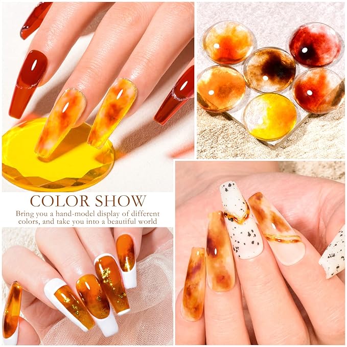 MTSSII Jelly Crystal Gel Nail Polish Translucent Tortoise Shell Nails Wine Burgundy Red Coral Caramel Orange Amber Brown Grey Fall Autumn 6 Colors Soak Off UV LED Manicure Art Kit For DIY Home