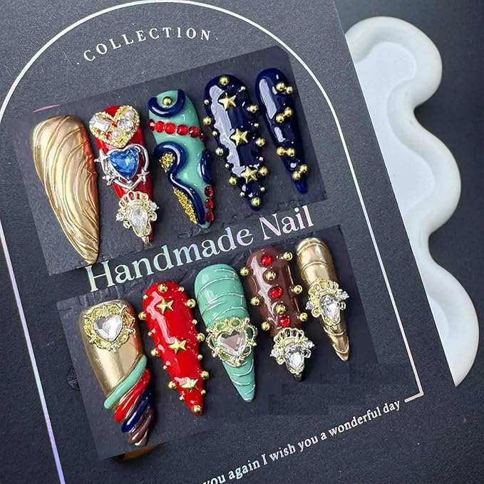 Gorgeous Press On Nails Handmade Long Stiletto Fake Nails with Heart Charms Design Colorful Rhinestone Glue on Nails Acrylic Handmade Nails Reusable Full Cover for Women Girls Size M 10Pcs