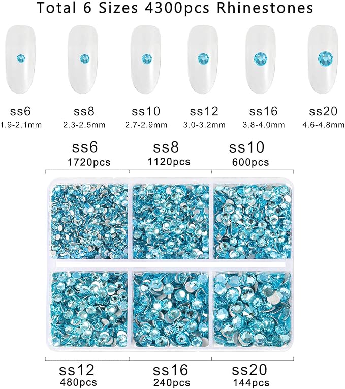Beadsland 4300pcs Flatback Rhinestones,Blue Rhinestone Nail Gems Round Crystal Rhinestones for Crafts,Mixed 6 Sizes with Picking Tweezers and Wax Pencil Kit, SS6-SS20,Aquamarine