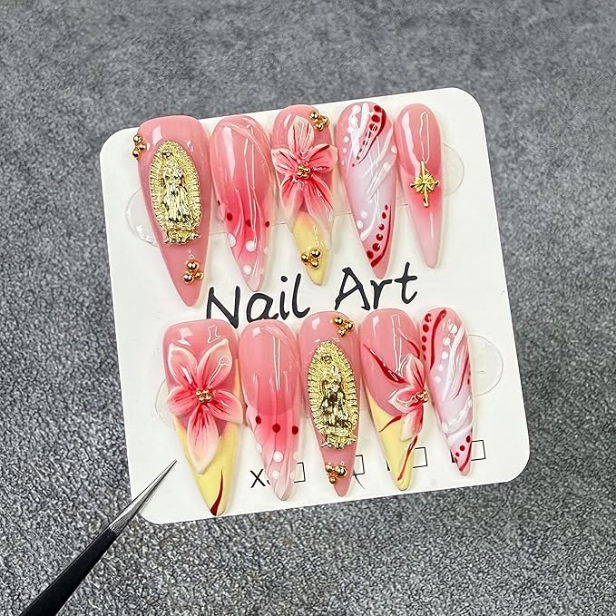Long Press on Nails Handmade Almond Fake Nails French Tip False Nails 3D Flower Art Designs Acrylic Nails Press Ons Sparkly Reusable Glue on Nail for Women 10Pcs Nail Decorations (Size M)