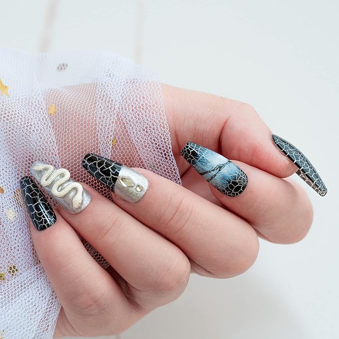 Sun&Beam Nails Handmade Press-on Medium Coffin Ballerina Black Silver Snake Y2K Trendy Design Fashion False Nail Tips 10 Pcs Set (#007 L)