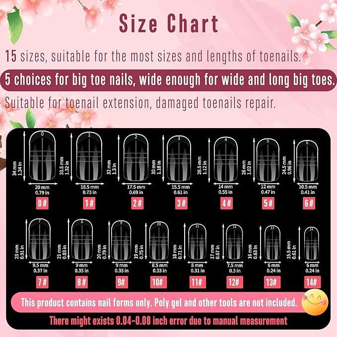 NOVO OVO 300 Pcs Toe Dual Nail Forms for Poly Gel Toenail Extension, Reusable Full Cover Molds for French Tip Acrylic Toenails, Nail Art Design Molds for Pedicure, for Salon & DIY at Home 15 sizes