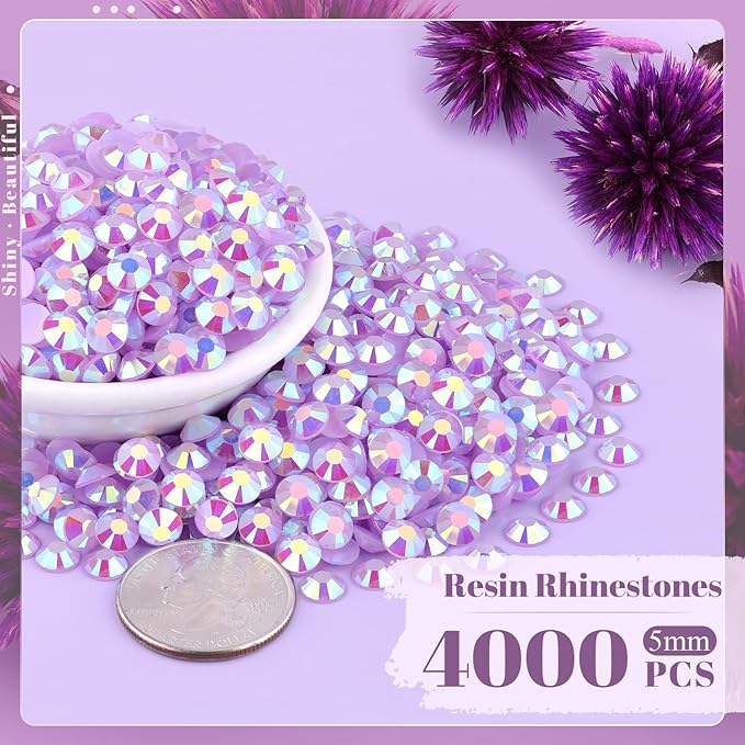 4000PCS 5mm Resin Jelly Rhinestones in Bulk (Lavender Purple AB), Bedazzling Flatback Crystals Rhinestones for Crafting DIY Nail Decoration, Gems Diomand Charms for Tumbler Shoes Clothing Fabric