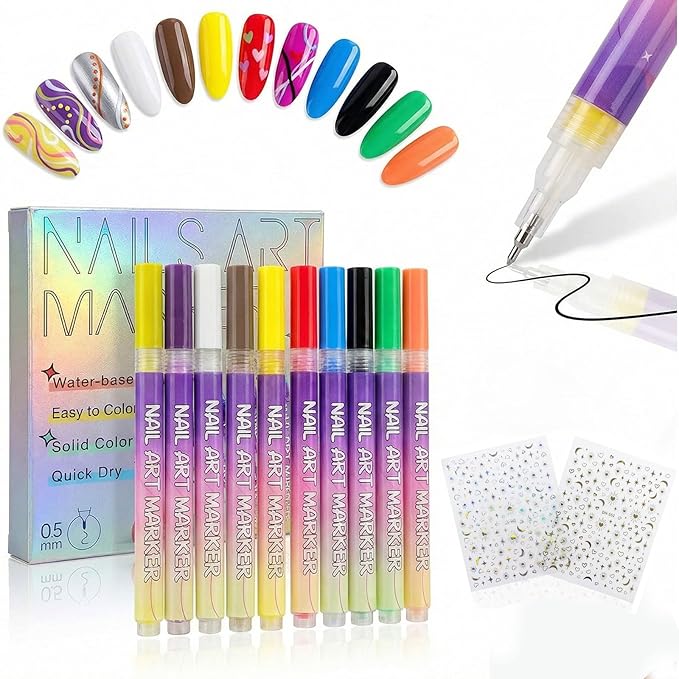 12 Colors Art Markers Set with Nail Stickers, 0.5mm Nail Polish Pens, Professional Waterproof, Quick-Drying 3D Drawing Dotting Liner Brush, Essential Manicure Tools Kit for Nail Art Beginners