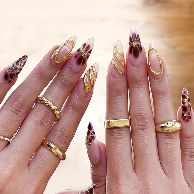 24Pcs Brown Flower Press on Nails Leopard Fake Nails Medium Almond False Nails with Gold Design Brown Flower Acrylic Nails Irregular Stick on Nail Artificial Full Cover False Nail for Women