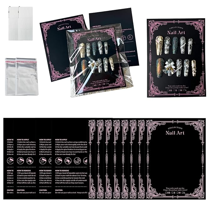 Press On Nail Packaging Kit for Long Nails – Y2K 50 Display Cards with Bags & Tape – Nail Tech Supplies for for Gothic & Baddie Nailfies Nail Salon Studio Manicure Business(Black, 3.54*4.7)