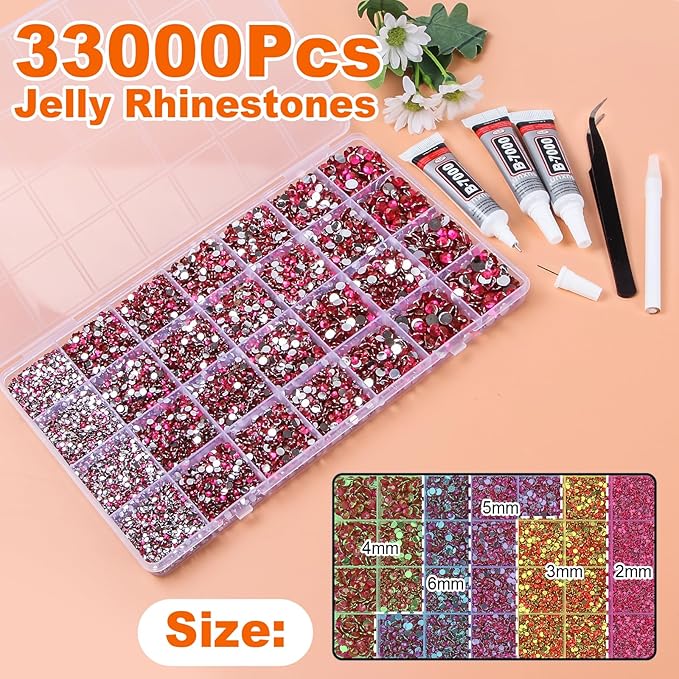 33000Pcs Light Rose Red Resin Jelly Rhinestones for Bedazzling, 2-6mm Flatback Gems for Diamond Art, Bedazzler Kit with 3Pcs 10ml B7000 Jewelry Glue for Crafting Crafts Nail Art