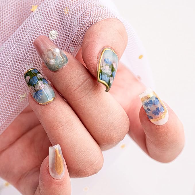Sun&Beam Nails Handmade Press On Nail Medium Long Coffin Ballerina Green Flower Painting Fake Tip 3D Design Art Charms Cute with Storage Box 10 Pcs (#013 M)