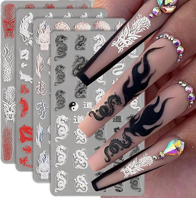 5D Embossed Dragon Nail Art Stickers for Designs - Black White Chinese Dragons Decals for Women - Manicure Supplies for Nails Decor