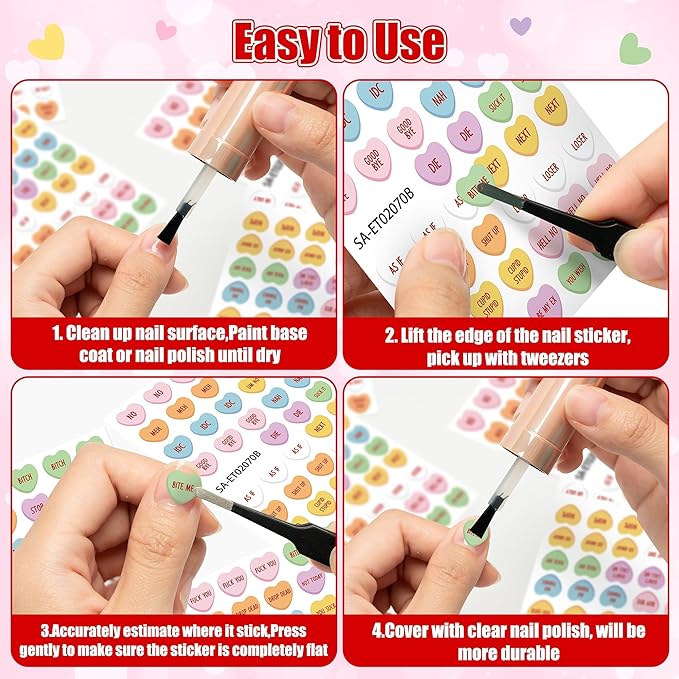 Eartim Valentine's Day Mean Conversation Heart Nail Sticker - 8 Sheets Colorful Sweet Heart Nail Art Sticker Waterproof Self-Adhesive Decorative Decal for Women Valentines DIY Manicure Accessories