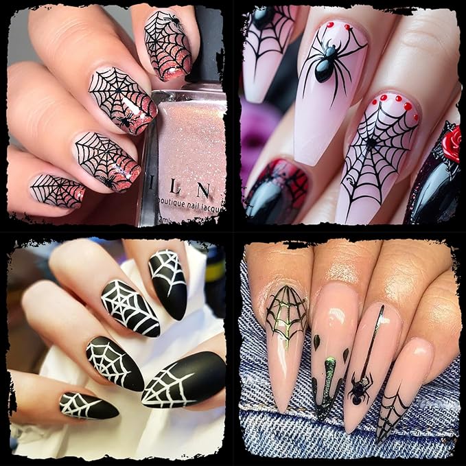 Halloween Spider Web Nail Stickers, 8 Sheets Black White Web Self-Adhesive 3D Nail Art Decals for DIY Manicure
