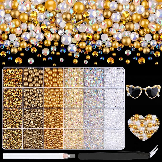14000Pcs Flatback Pearls and Rhinestones for Bedazzling, White Brown Mixed Size 3-8mm Resin Rhinestones and Half Pearls for Crafting, Nail Art Grad Cap Decoration with Tweezers and Pickup Pencil