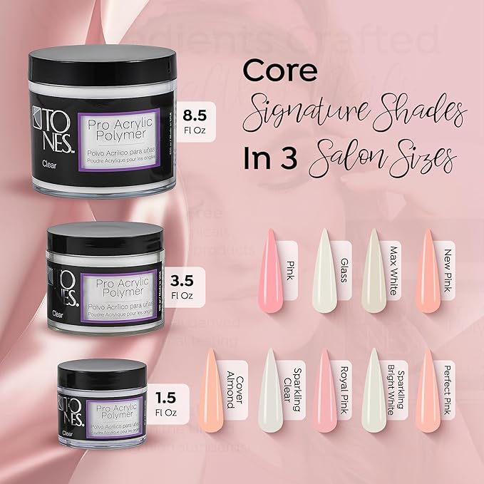 Tones Pro Acrylic Nail Powder, Sparkling Clear (Clear with Sparkles), (3.5 Fl Oz) - Long-Lasting & Non-Yellowing Polymer for Salon Quality Nail Extensions & 3D Art