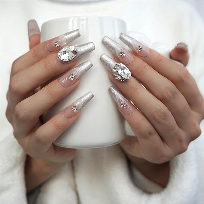 Press On Nails, Long Ballerina Coffin Shape, Silver Glitter French Tips with 3D Rhinestones, Handmade False Nail 10 Pieces (Large,LB)