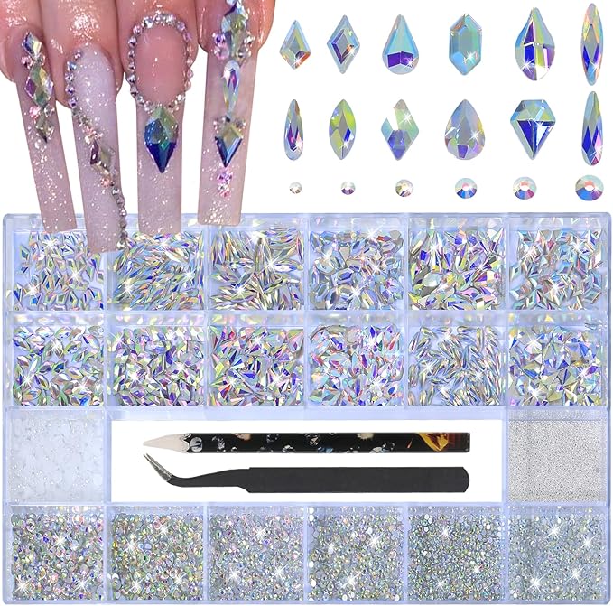 Nail Charms and Gems - 5000 Pcs, 20 Types, 20 Sizes, with Kit, Nail Rhinestones, Faux Pearls, Beads, for Nail Art (AB)
