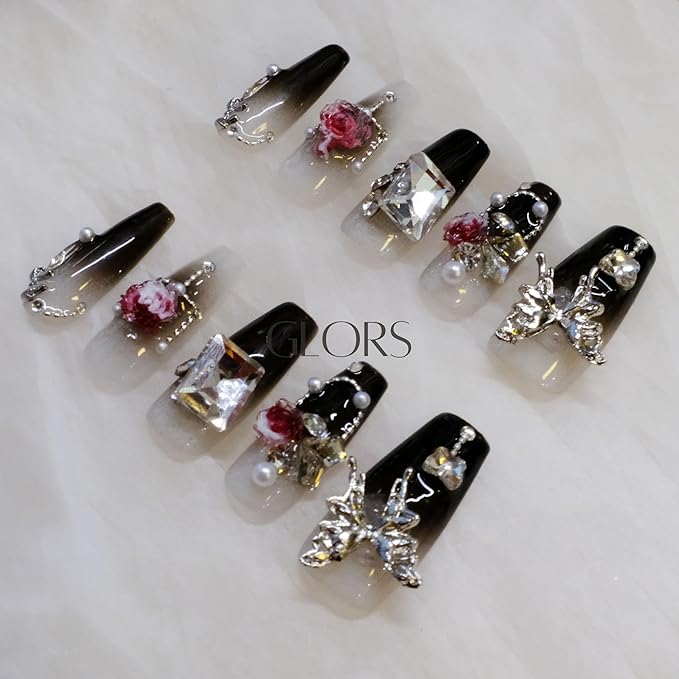 Handmade Press On Nails, Long Coffin Style, Black with 3D Butterfly and Rose Design, 10 Pieces (Medium,LB)