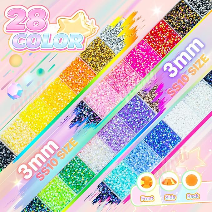28 Color 3mm Jelly Resin Rhinestones w B7000 Glue for Bedazzling Crafting Flatback Stones Colorful AB Gems Diamonds Bedaazler Kit Charms for Nails Eyes Face Makeup Tumblers Bottles DIY Crafts