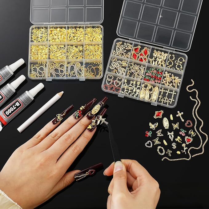 Gold Nail Charms and Gems Set, 4 Boxes DIY Nail Decorations Kit, Gold 3D Cross Flowers Nail Art Charms, Champagne Rhinestones Gems Charms Y2K for Nails, Cool Punk Style Nail Charms