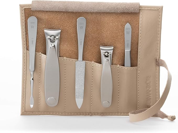 GERMANIKURE 5pc Manicure Set in Beige Leather Case - Made in Solingen Germany, FINOX Stainless Steel Tools – Professional Quality Compact Nail Grooming Kit