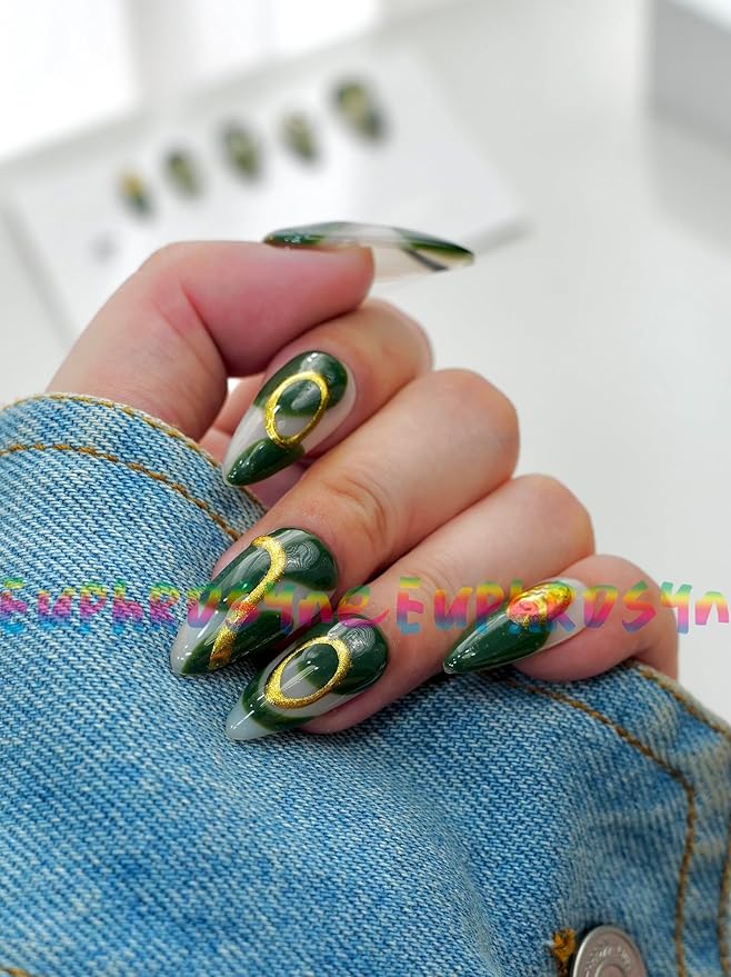 10PCS Black Chrome Press On Nails – Long Stiletto Fake Nails with Gold Metallic Swirl & 3D Waterdrop Design, Glossy Reusable Trendy Nails for Women and Girls – Euphrosyne