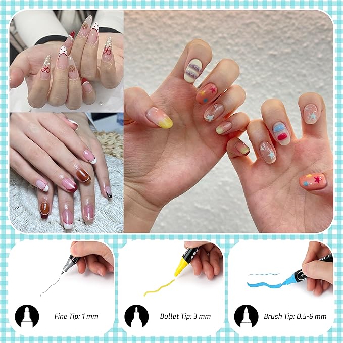 Nail Art Pens Set 36 Colors Nail Polish Pens Marker, Acrylic Paint Markers with 3 Types of Pen Tips (0.5/1.0/3.0mm) Non-Toxic Quick-Drying Waterproof for Women DIY Nail Art Design Manicure Tools