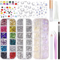 Hair Face Gems Rhinestone with Makeup Glue, Flat Back Colorful Jewels Crystal Rhinestone Half Round AB Pearl Kit, Wax Pencil Tweezer and Brush for Face Eyes Hair Body Makeup