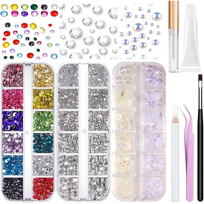 Hair Face Gems Rhinestone with Makeup Glue, Flat Back Colorful Jewels Crystal Rhinestone Half Round AB Pearl Kit, Wax Pencil Tweezer and Brush for Face Eyes Hair Body Makeup