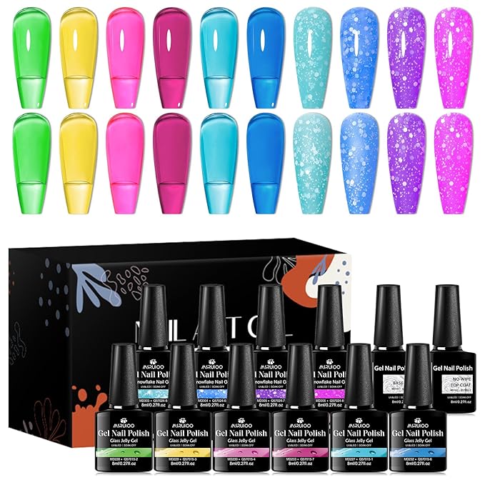 Neon Jelly Gel Nail Polish Snowflake Gel Polish Set Transparent Blue Pink Macaron Candy Jelly Nail Polish Gel Gifts for Women 12Pcs